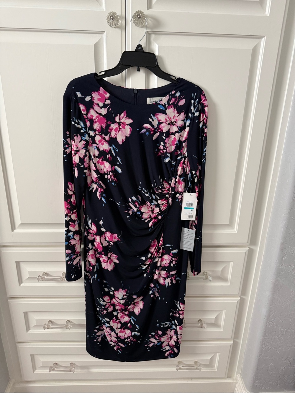 Nordstrom Navy Long-Sleeve Floral Ruched Sheath Dress